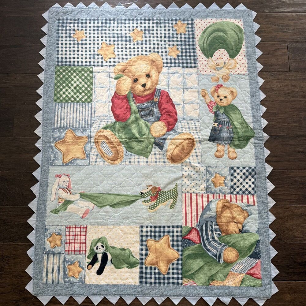 Blue Jean Teddy Bear Baby Crib Quilt Unisex Vintage Stars 32x43 Blue Blanket
